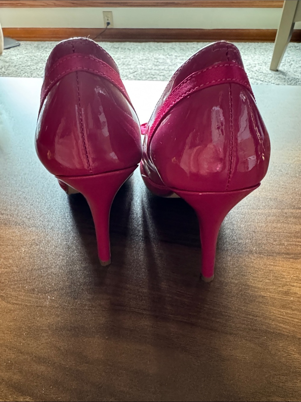Delicious Hot Pink Patent Peep-Toe Heels with Bow Accent - Picture 4 of 9